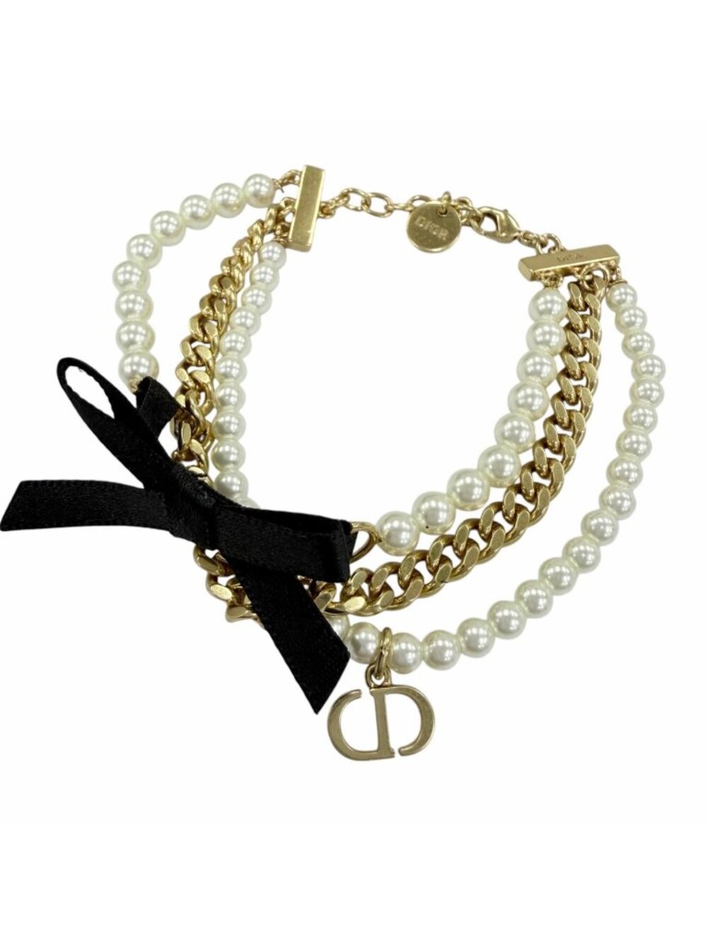 Dior Montaigne 30 Toronto Ribbon Logo Faux Pearl Bracelet Gold